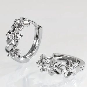 Cute Silver Plated Flower Hoop Huggie Earrings
